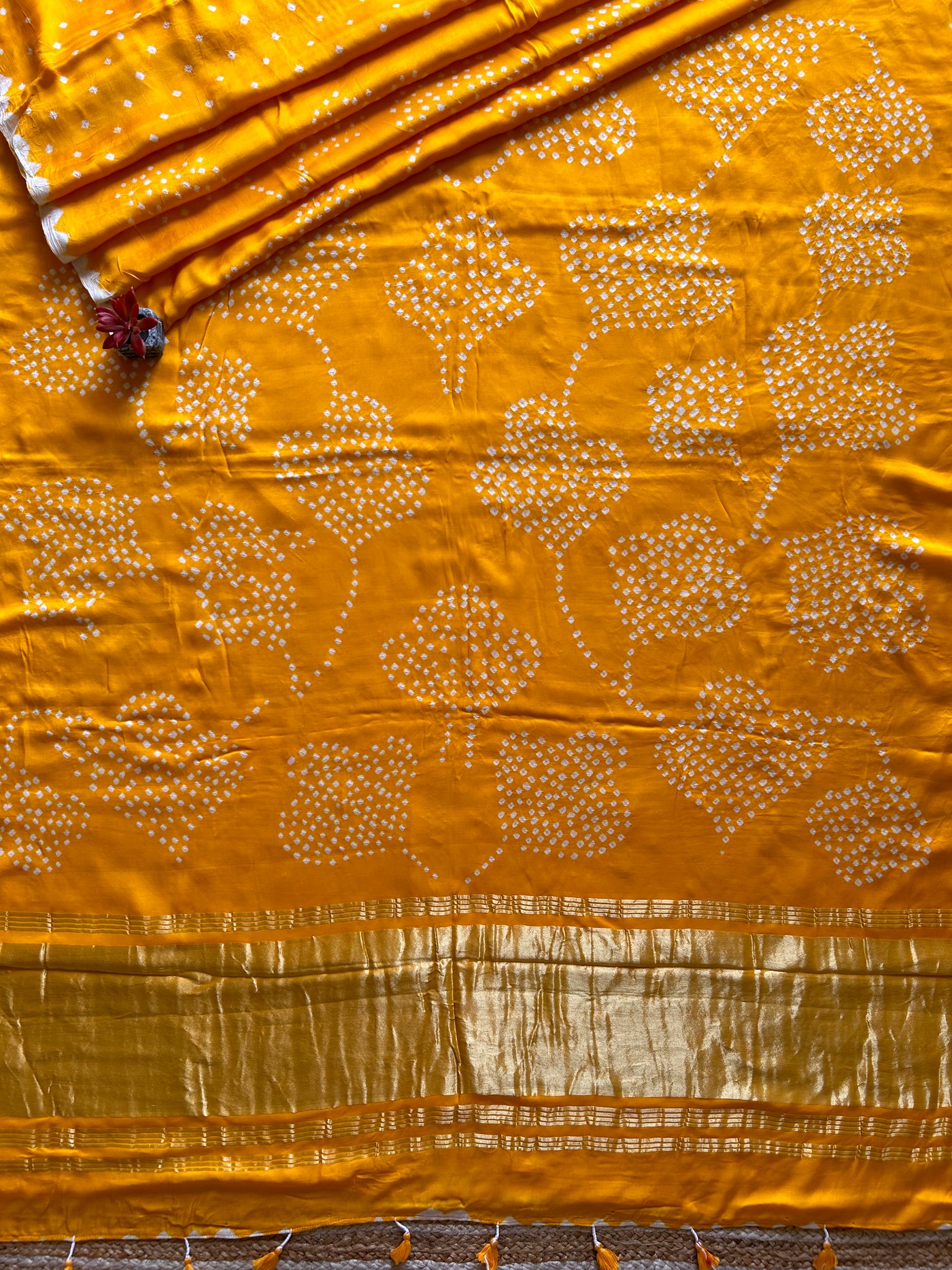 Madhubala: Yellow, Handmade Designer Bandhani Modal Silk Tissue Pallu Saree