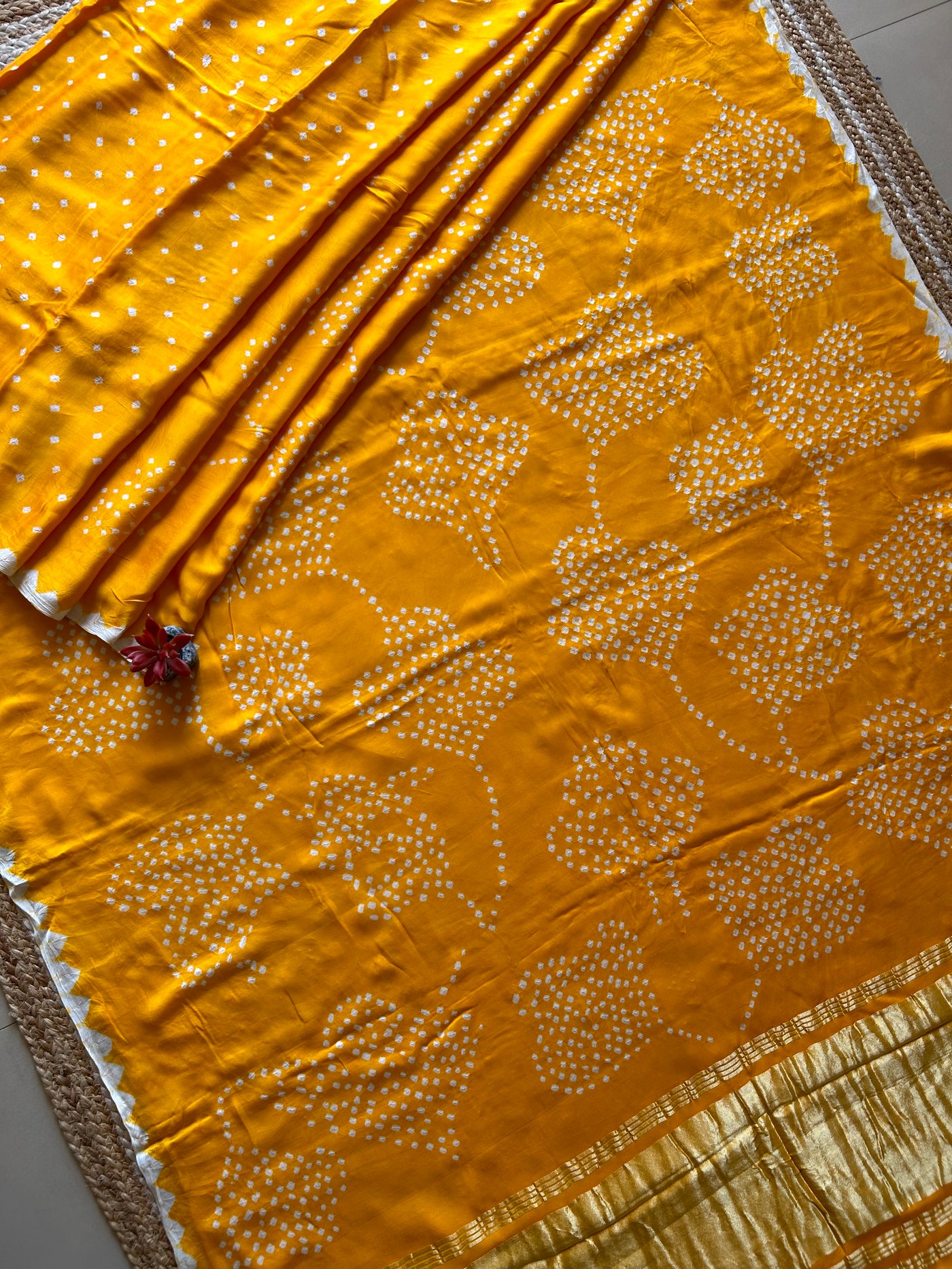 Madhubala: Yellow, Handmade Designer Bandhani Modal Silk Tissue Pallu Saree