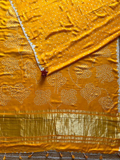 Madhubala: Yellow, Handmade Designer Bandhani Modal Silk Tissue Pallu Saree