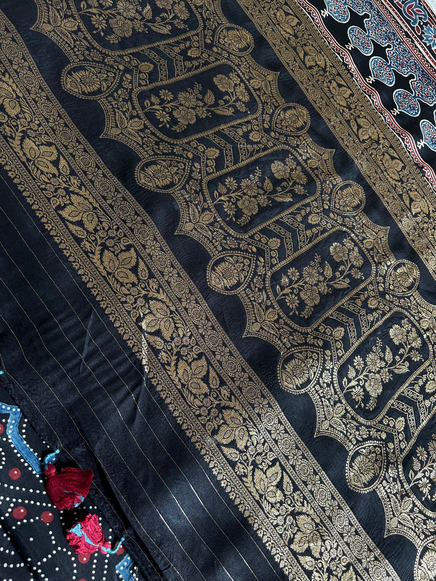 Kaushiki:Handblock Ajrakh Dola Silk Saree With Meenakari Pallu.