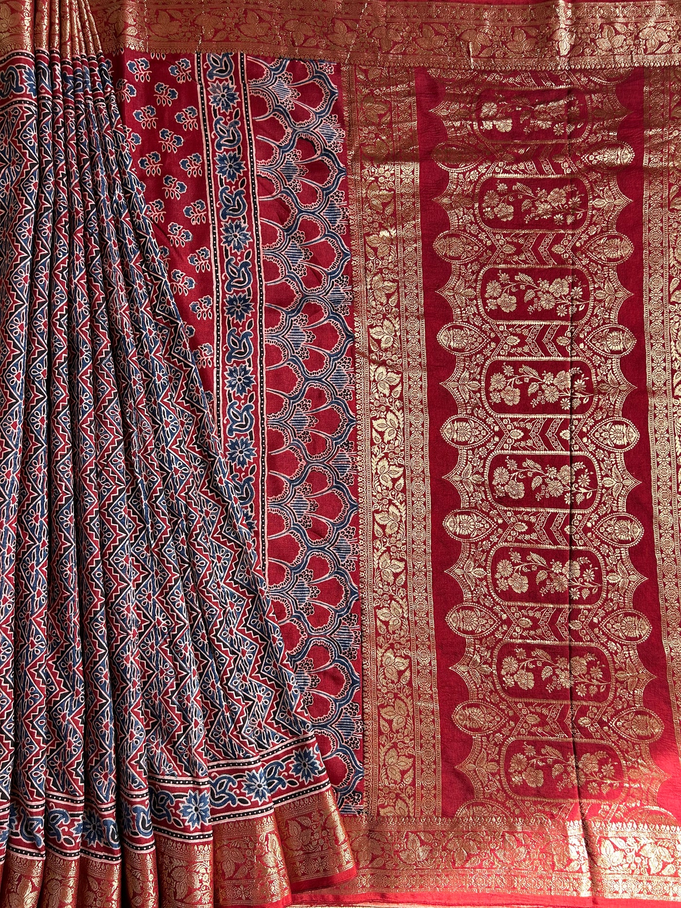 SITARA: HANDBLOCK AJRAKH DOLA SILK SAREE WITH MEENAKARI PALLU