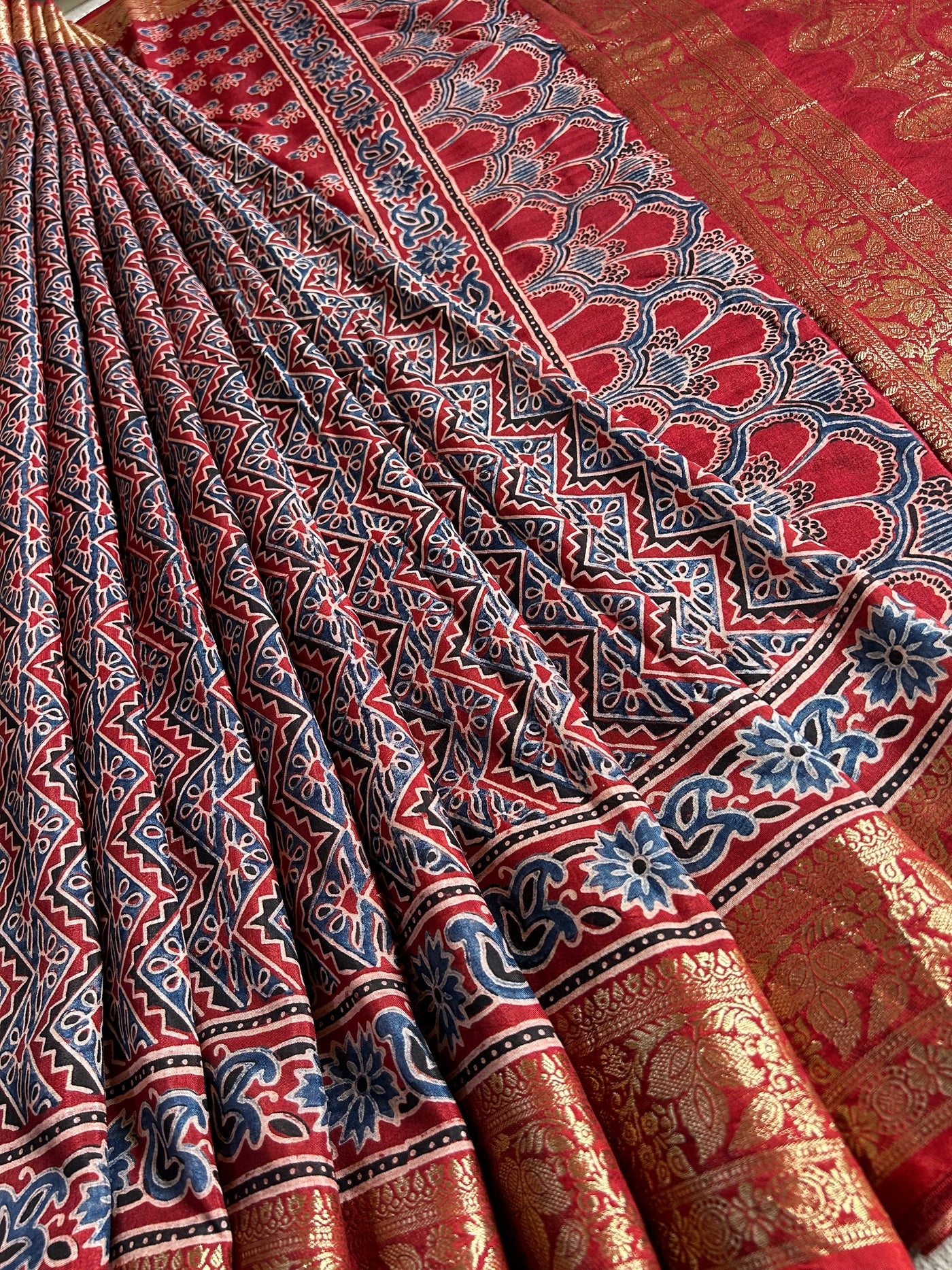 SITARA: HANDBLOCK AJRAKH DOLA SILK SAREE WITH MEENAKARI PALLU