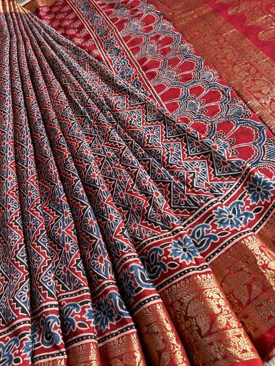 SITARA: HANDBLOCK AJRAKH DOLA SILK SAREE WITH MEENAKARI PALLU