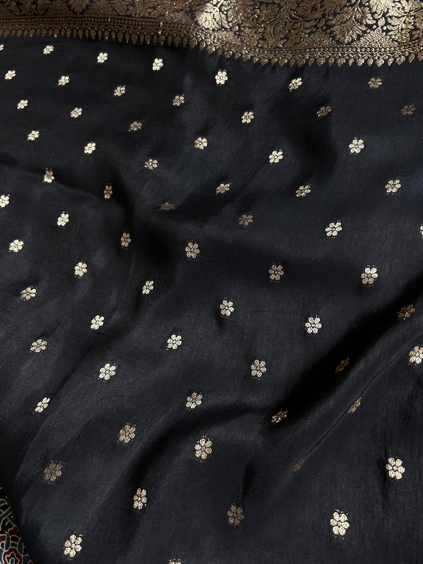 Kinjal:Handblock Ajrakh Dola Silk Saree With Meenakari Pallu.