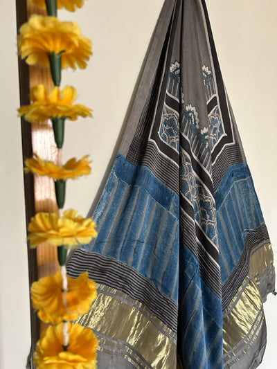Raina: Handblock Ajrakh Modal Silk Saree