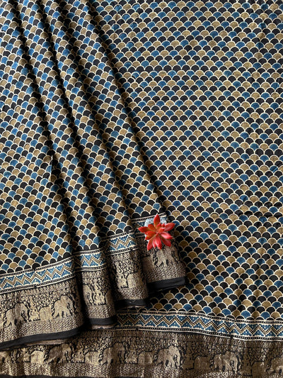 Chanchal:Premium DolaSilk Meenakari Pallu Ajrakh Saree