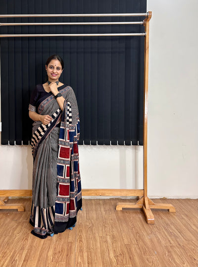 DHARA: HANDBLOCK PRINTED AJRAKH MODAL SILK SAREE