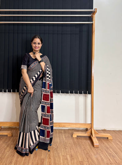 DHARA: HANDBLOCK PRINTED AJRAKH MODAL SILK SAREE