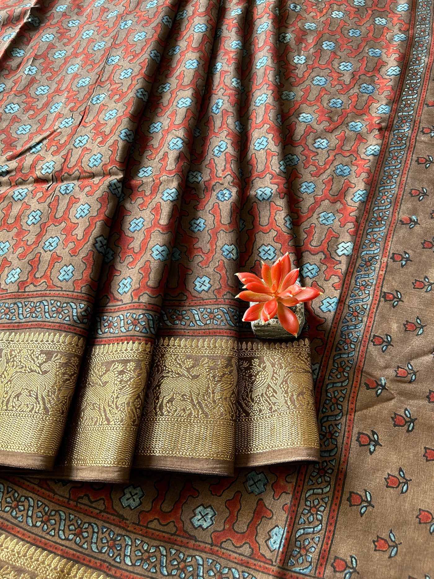 Ridhima:Handblock Ajrakh Dola Silk Saree with Meenakari Pallu