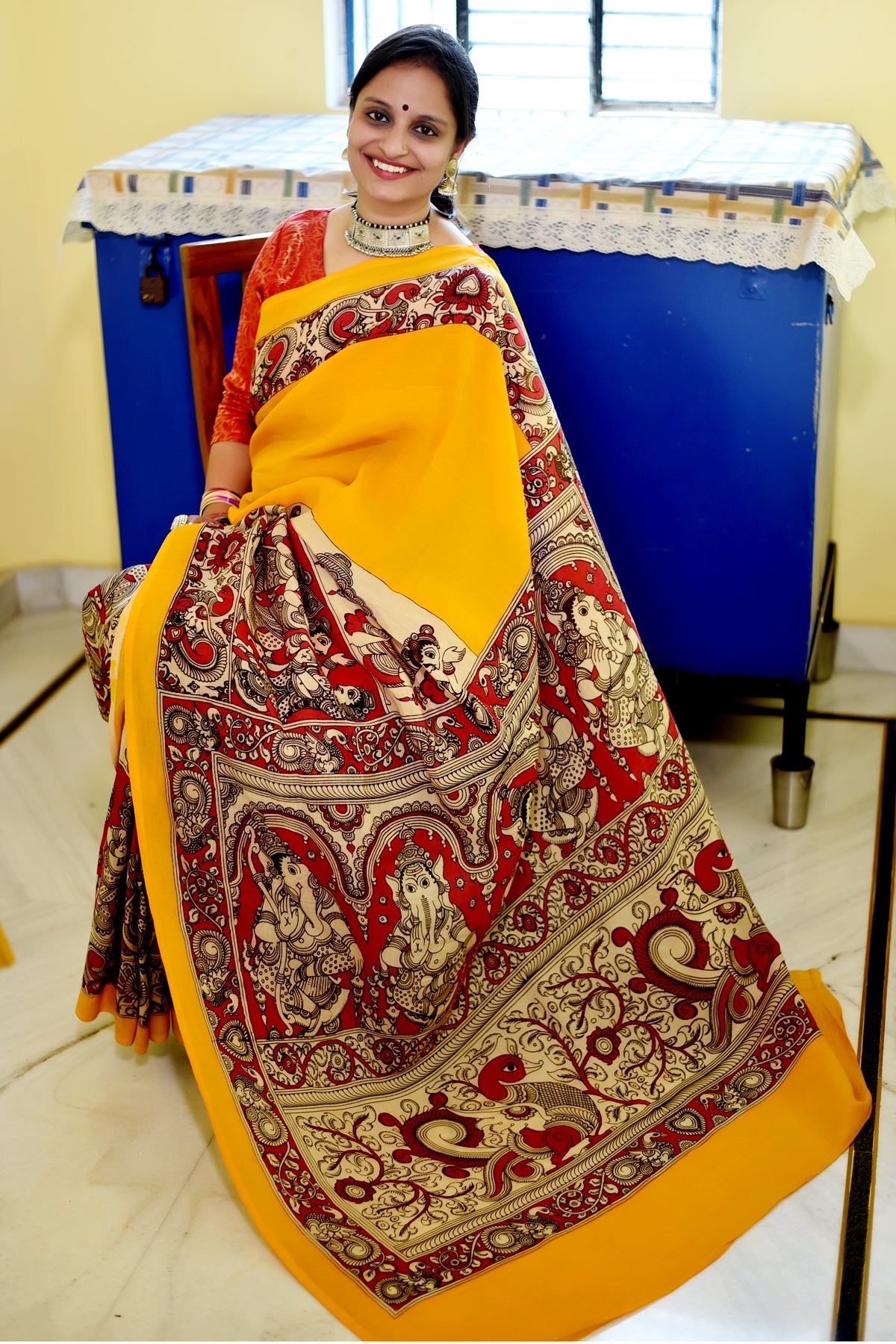 GANESHA: HANDPAINTED CHENNUR SILK KALAMKARI SAREE
