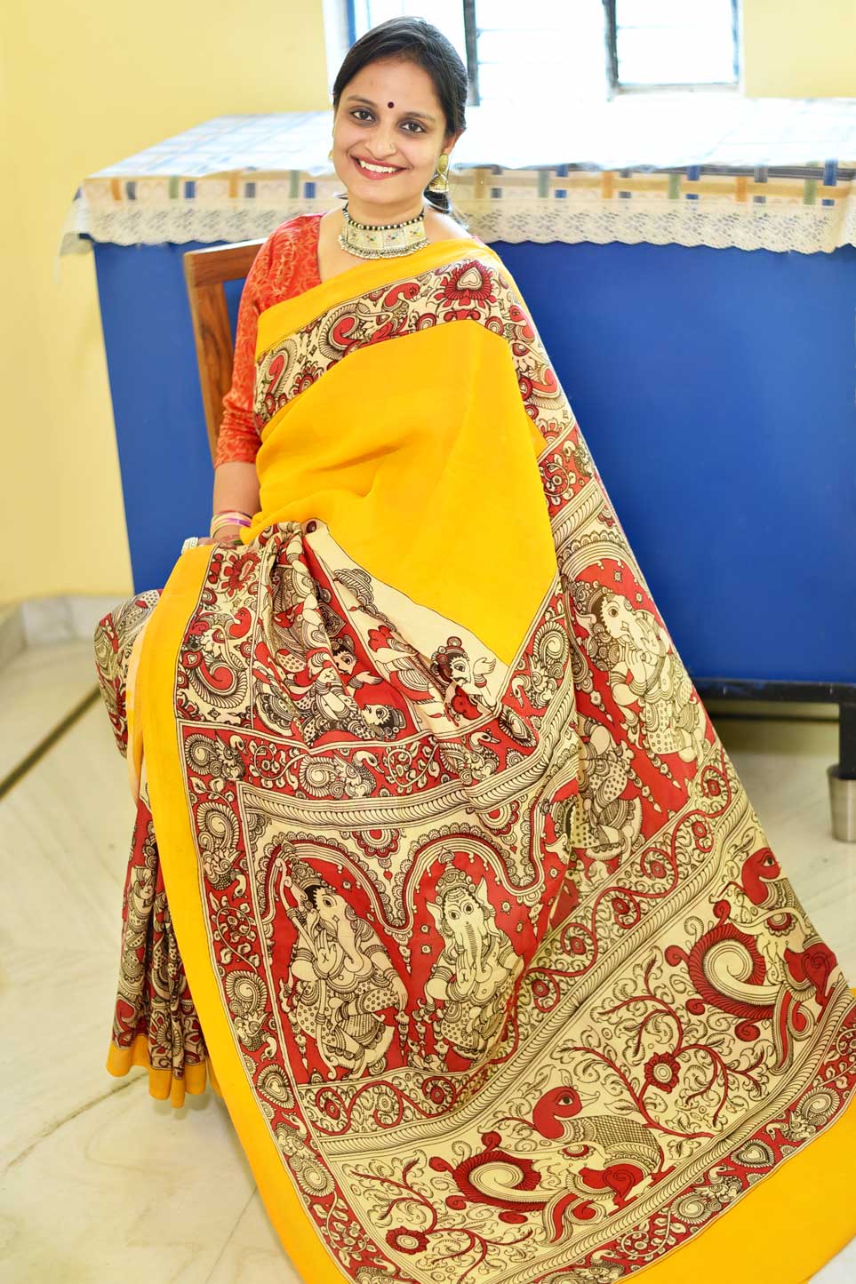 GANESHA: HANDPAINTED CHENNUR SILK KALAMKARI SAREE