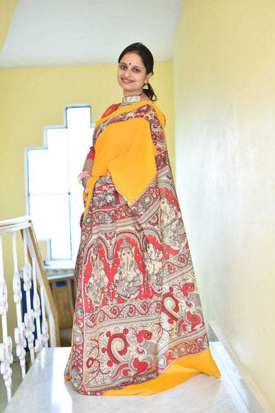 GANESHA: HANDPAINTED CHENNUR SILK KALAMKARI SAREE