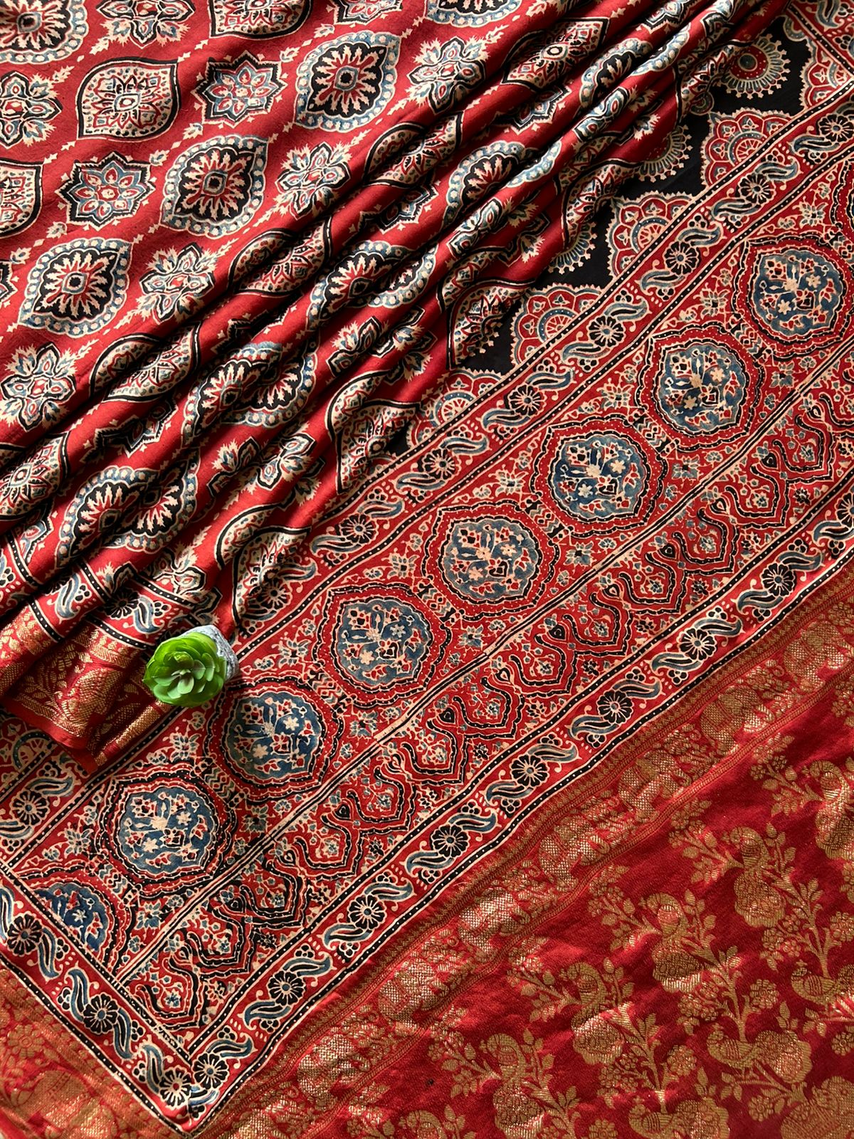 IKTARA:HANDBLOCK AJRAKH MODAL SILK SAREE WITH MEENAKARI PALLU