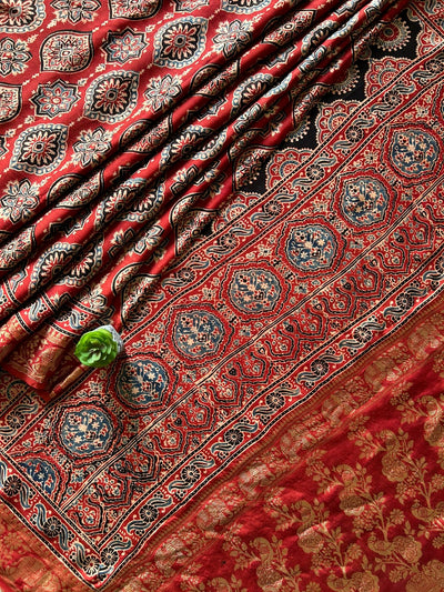 IKTARA:HANDBLOCK AJRAKH MODAL SILK SAREE WITH MEENAKARI PALLU