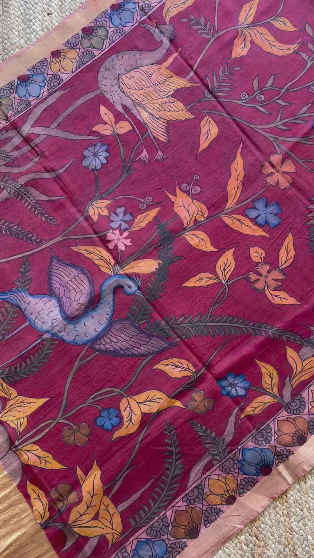 CHIDIYA:ORANGE,HANDDRAWN&HANDPAINTED PENKALAMKARI CHANDERI TISSUE DUPATTA WITH KANCHIPURAM COTTON SUIT SET