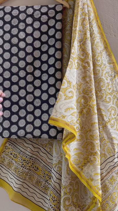 INDU: HANDBLOCK PRINTED COTTON 3 PIECE SUIT SET WITH CHANDERI DUPATTA