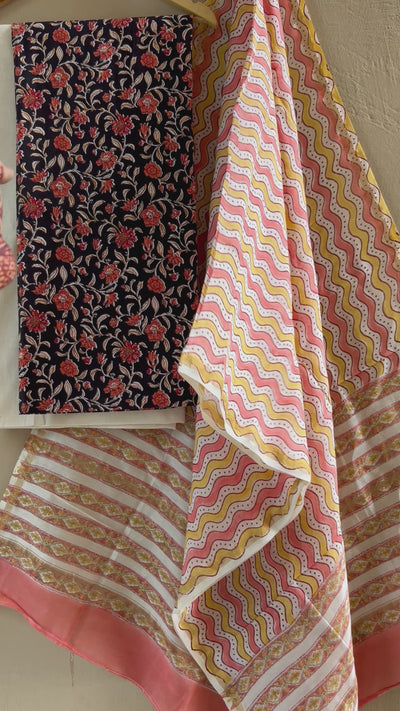 PHOOL: HANDBLOCK PRINTED COTTON 3 PIECE SUIT SET WITH CHANDERI DUPATTA