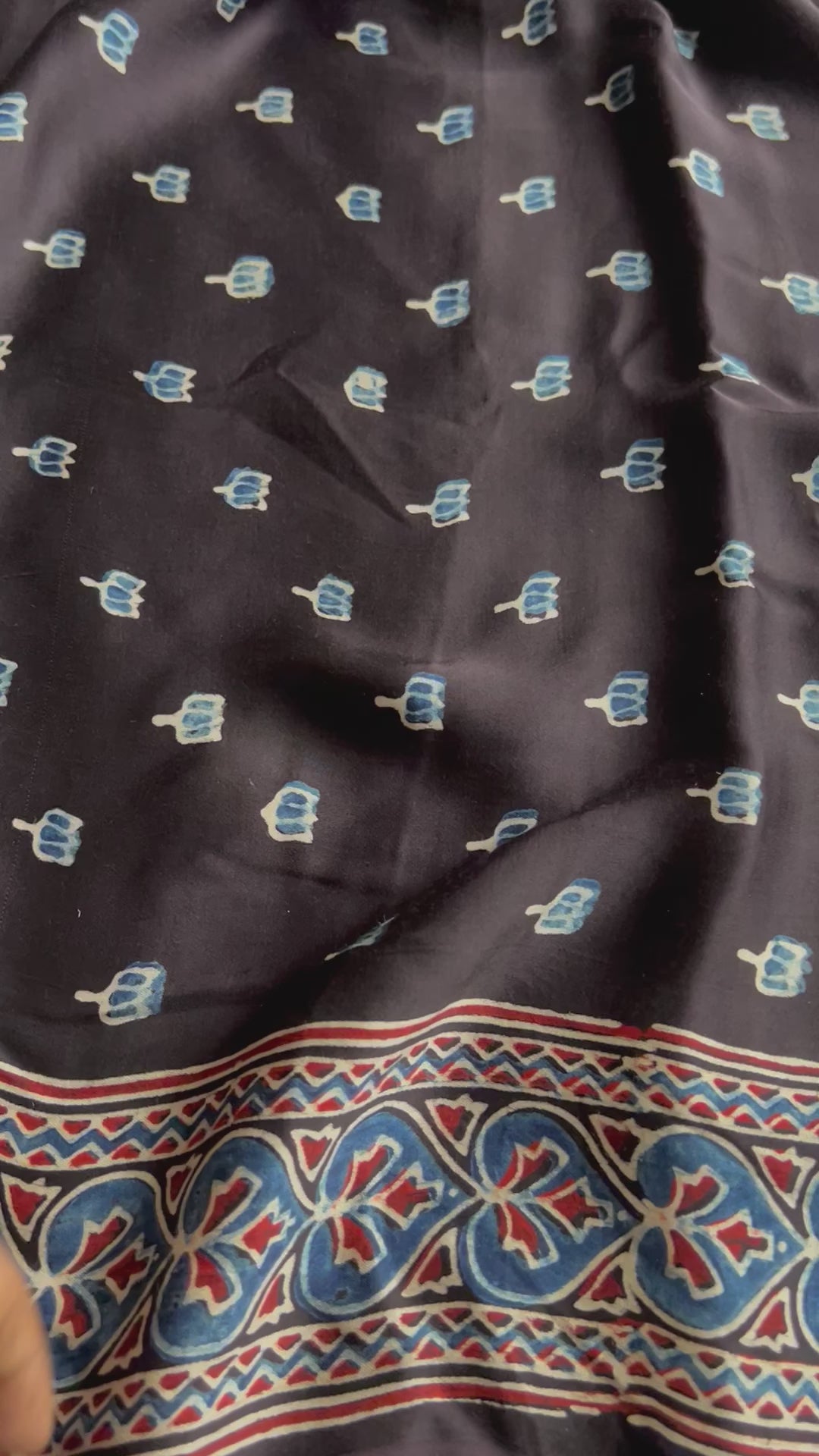 Black Mini Lotus Handblock Printed Ajrakh Modal Silk Fabric