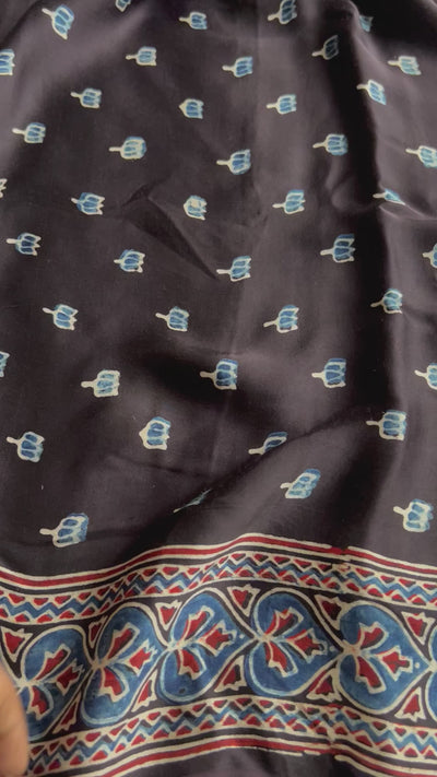 Black Mini Lotus Handblock Printed Ajrakh Modal Silk Fabric