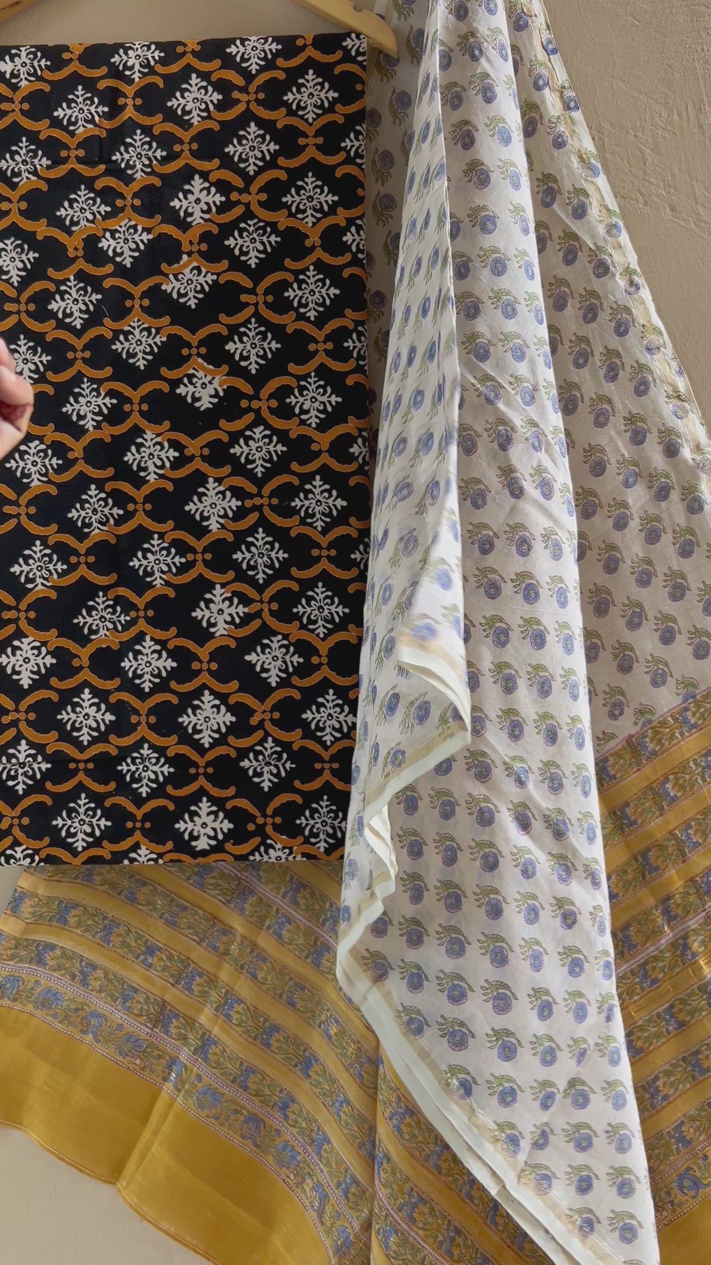 NAYAN: HANDBLOCK PRINTED COTTON 3 PIECE SUIT SET WITH CHANDERI DUPATTA