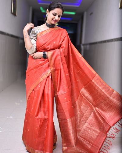 Red & Gold : Handloom Kosa Tussar silk saree