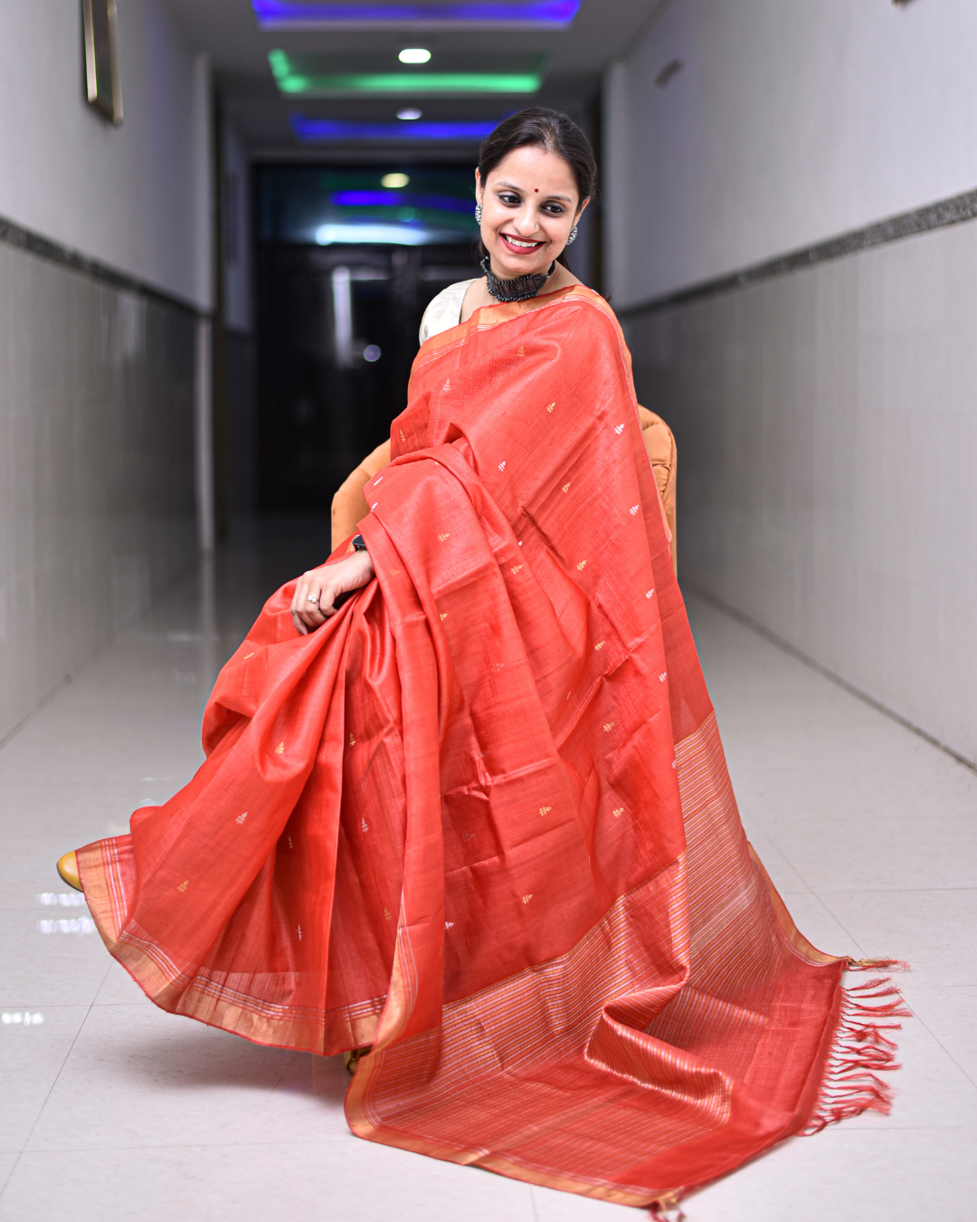 Red & Gold : Handloom Kosa Tussar silk saree