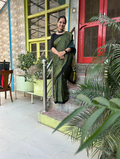 KANISHKA: Handblock Modal Silk Tissue Ajrakh Saree