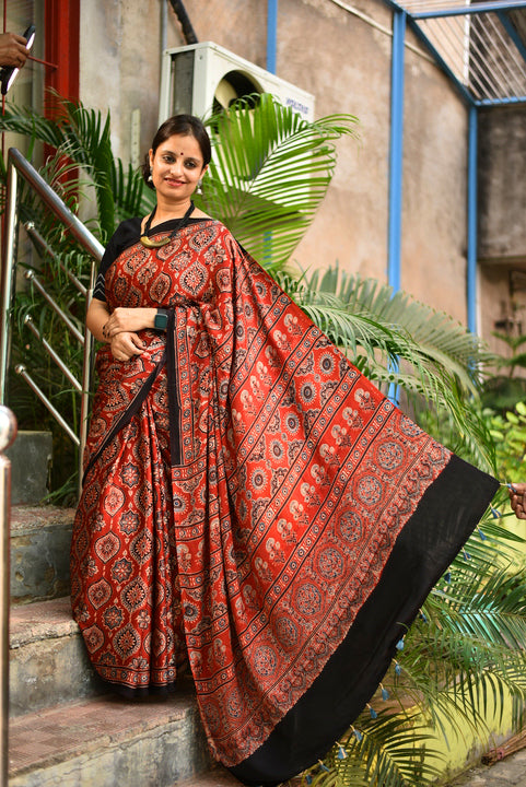 Buy Red Madhagalo Ajrakh Modal Silk Saree Authentic Ajrakh, 51% OFF