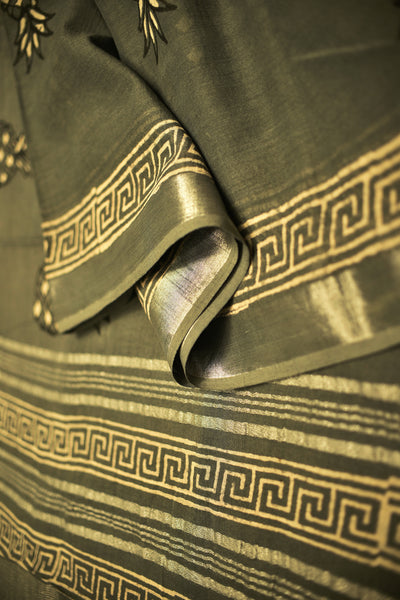 GREY PINE:Handblock linen-cott sari