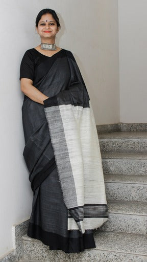 BLACK SEED: Handwoven Pure Tussar Ghicha Silk Saree